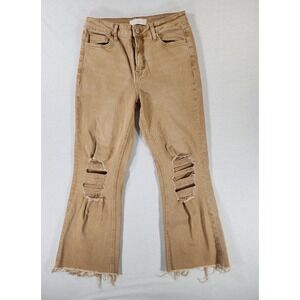 Vervet Flare‎ Cropped Jean Womens 29 Distressed Tan Stretch Raw Hem Boho T5773AK